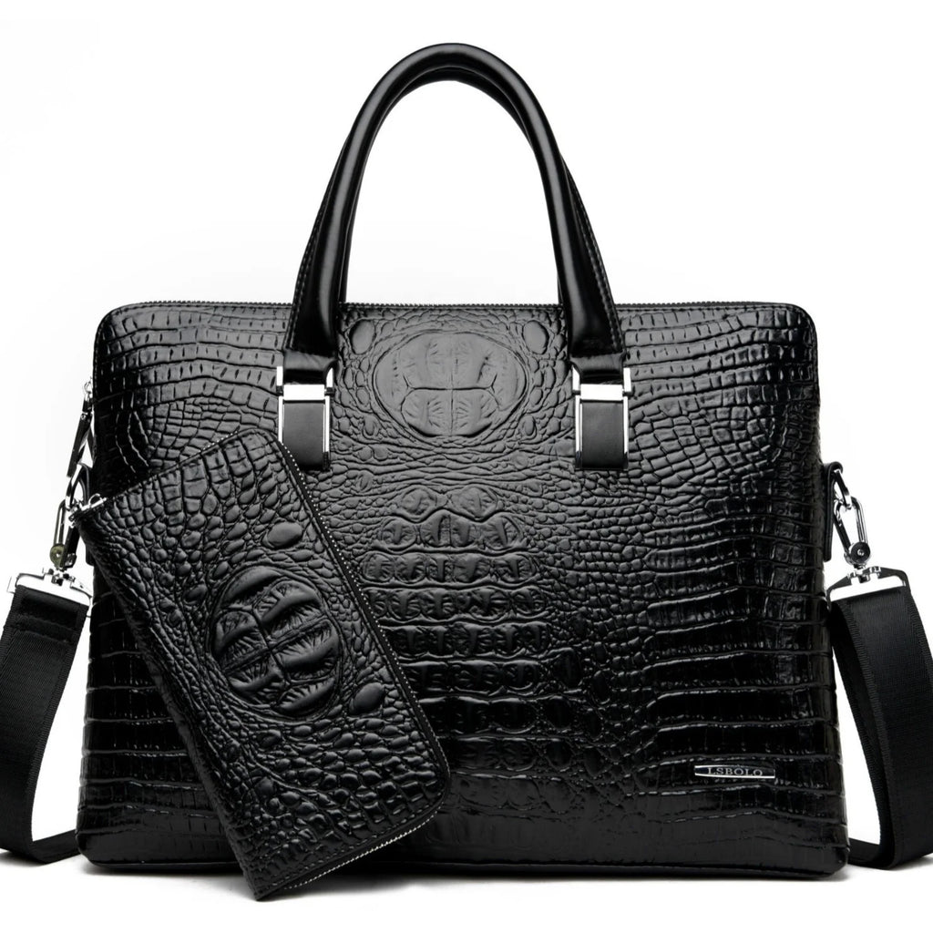 Albeux™ Executive Crocodile-Embossed Briefcase & Wallet Set | Laptop Messenger Bag