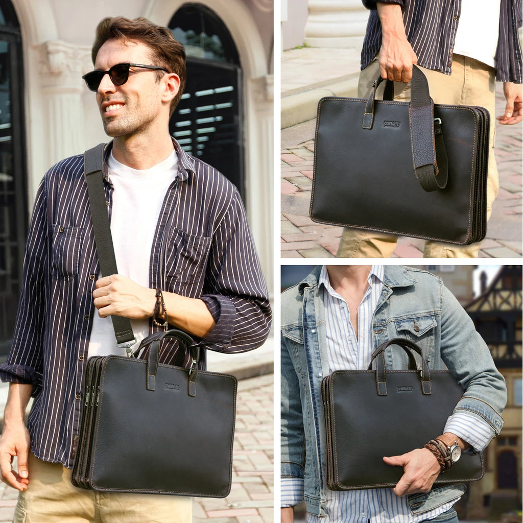 Executive Full-Grain Leather Briefcase | Triple-Zip Laptop Work Bag