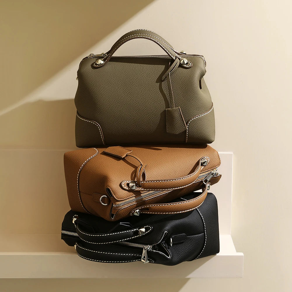 Albeux™ Parisian Pebble Leather Satchel | Luxe Top-Grain Cowhide Designer Crossbody Bag for Women