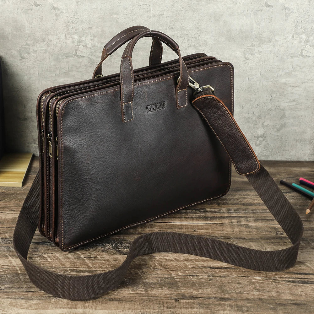 Albeux™ Executive Full-Grain Leather Briefcase | Triple-Zip Laptop Work Bag