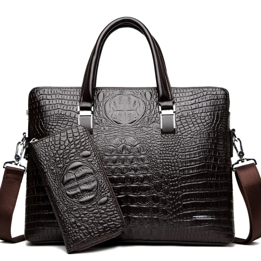 Albeux™ Executive Crocodile-Embossed Briefcase & Wallet Set | Laptop Messenger Bag