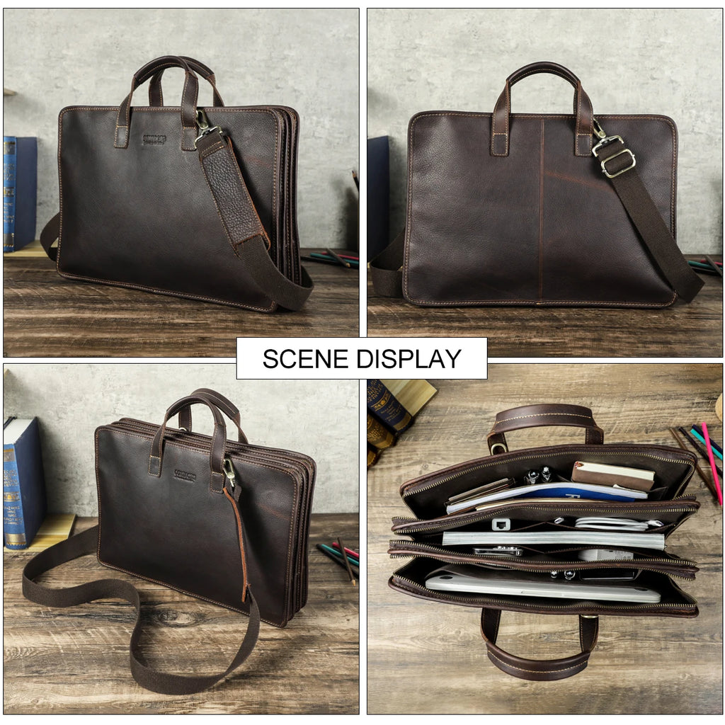 Executive Full-Grain Leather Briefcase | Triple-Zip Laptop Work Bag