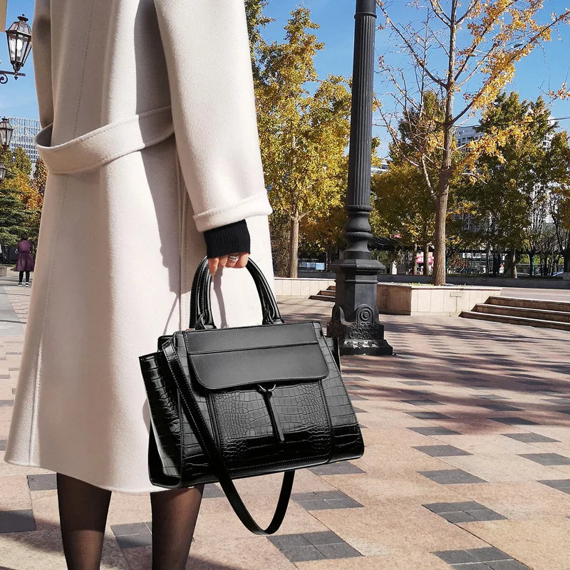 Albeux™ Modern Luxe Crocodile Pattern Satchel | Designer Leather Crossbody Handbag