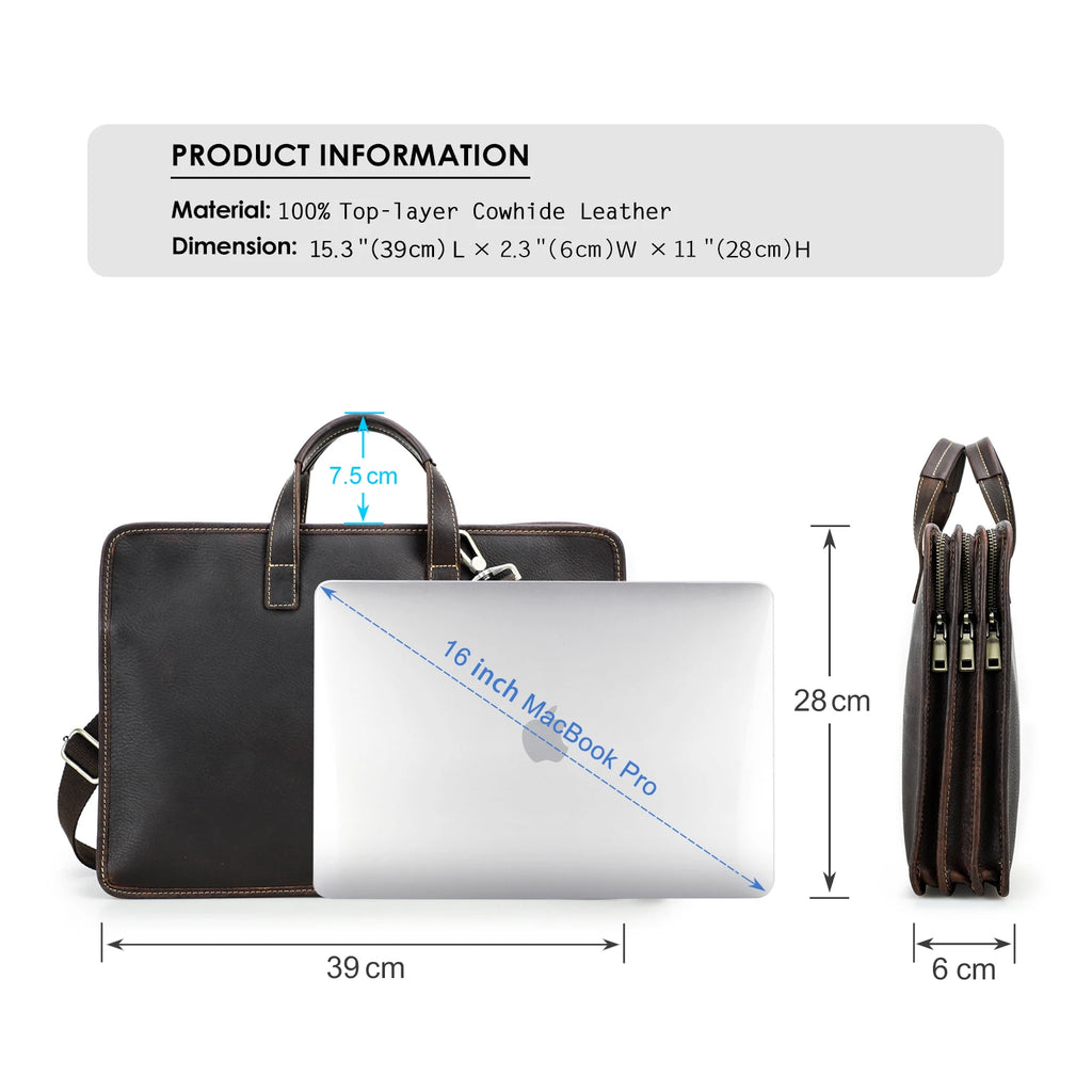 Executive Full-Grain Leather Briefcase | Triple-Zip Laptop Work Bag